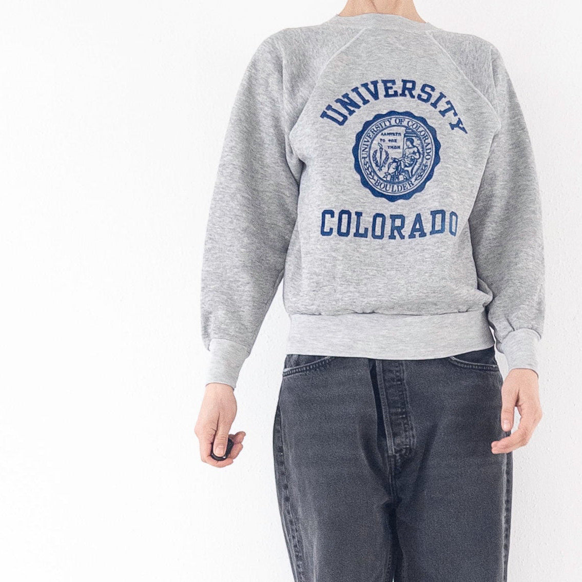 Gr. XS - S Velva Sheen University of Colorado Raglan Crewneck  Flocked Print 70s Vintage Made in USA