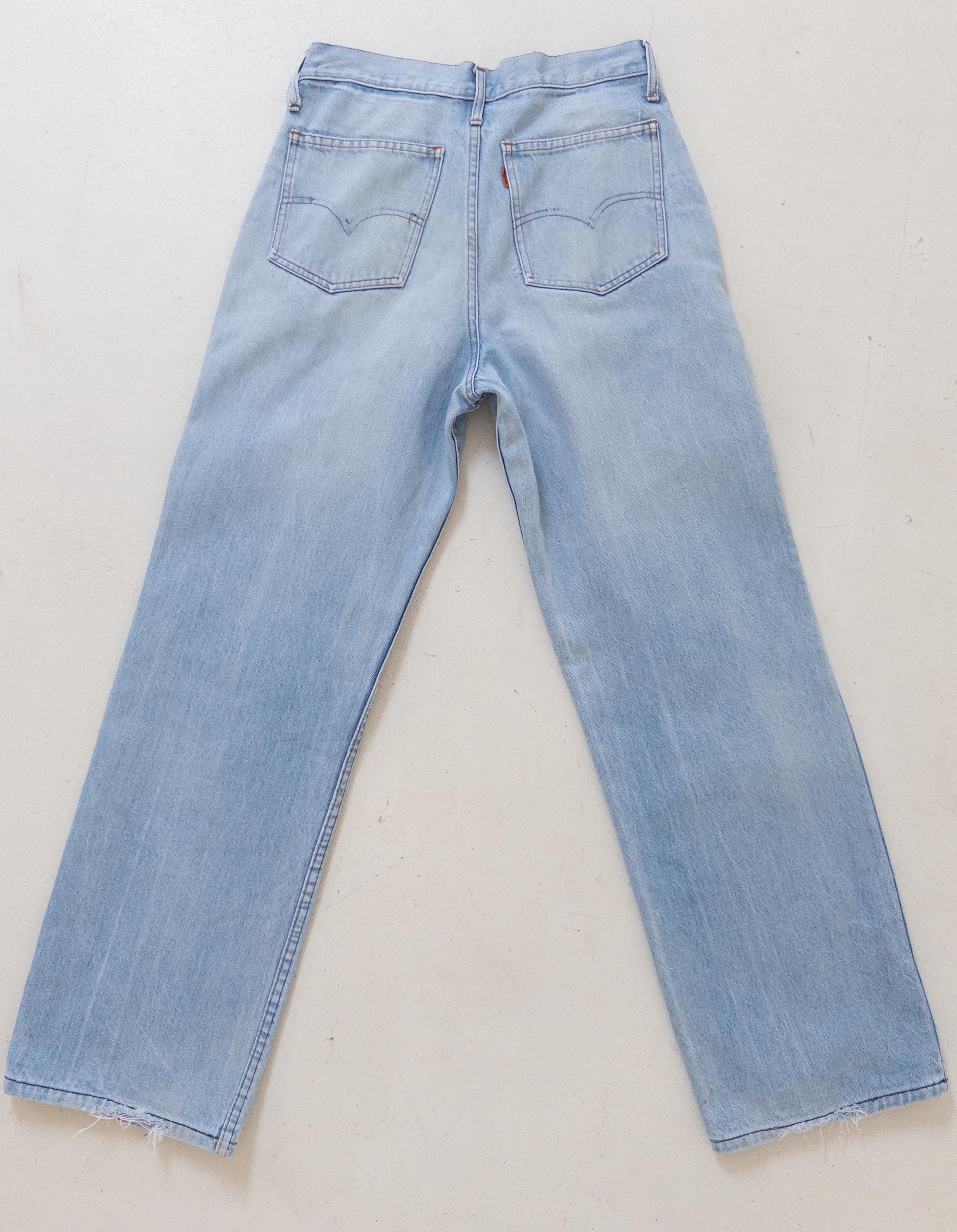 Levis Jeans W28 W29 L33 Orange Tab Pleated Wide Leg Made in USA Faded Light Blue High Waist Denim Slacks
