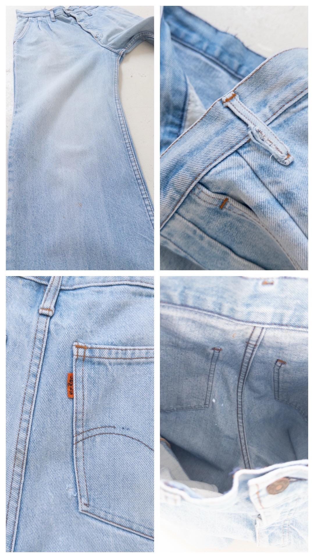 Levis Jeans W28 W29 L33 Orange Tab Pleated Wide Leg Made in USA Faded Light Blue High Waist Denim Slacks