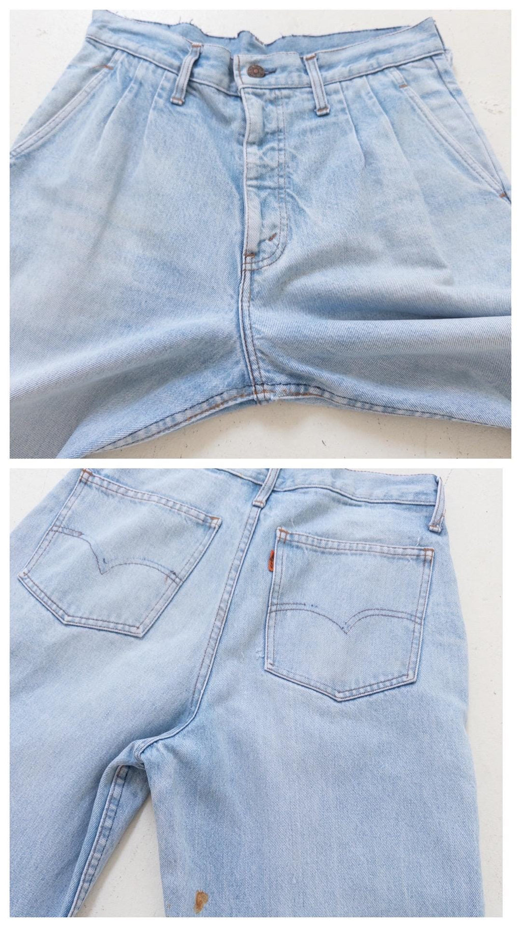 Levis Jeans W28 W29 L33 Orange Tab Pleated Wide Leg Made in USA Faded Light Blue High Waist Denim Slacks