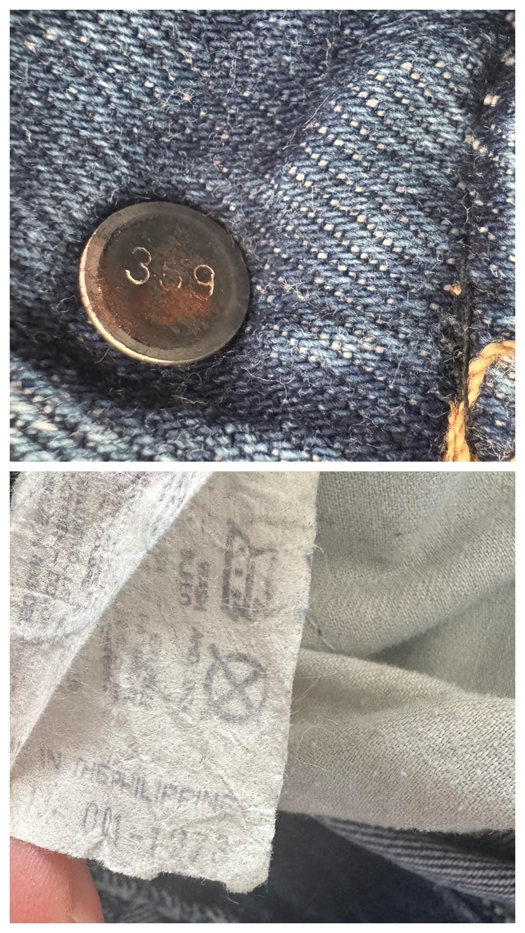 Originales Levis Orange Tab Label an der Gesäßtasche und Prägung Button Stamp 359
