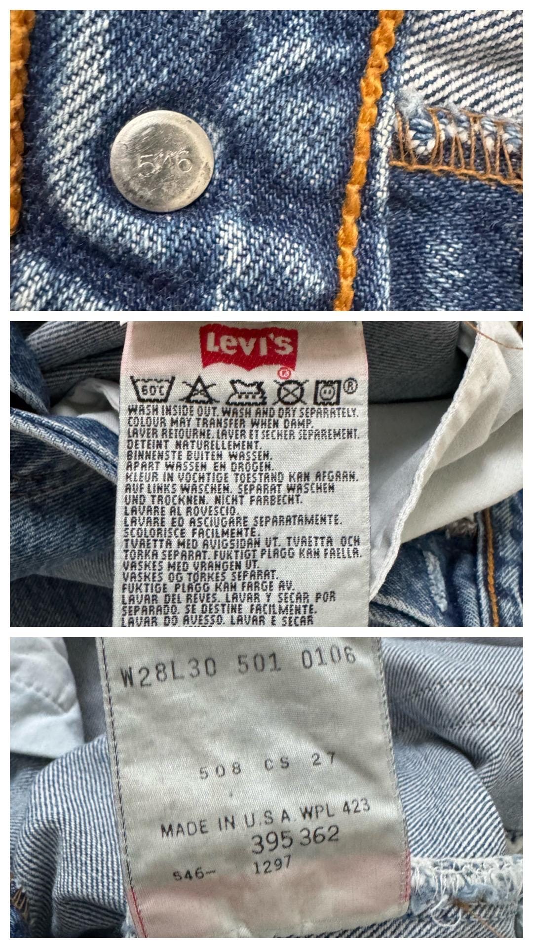 Bilder der originalen Innen-Etiketten und Care-Tags der Vintage Levis 501 Made in USA mit Größen- und Materialangaben zur Echtheitsprüfung bei girlstalkvintage