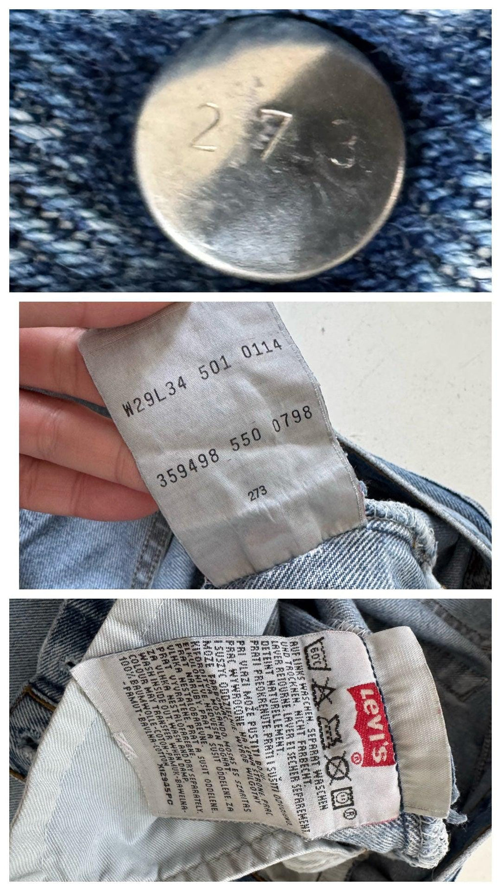 Nahaufnahme des Silberknopfs mit Button Stamp 273 und der originalen Innenetiketten Made in Poland von 1998.