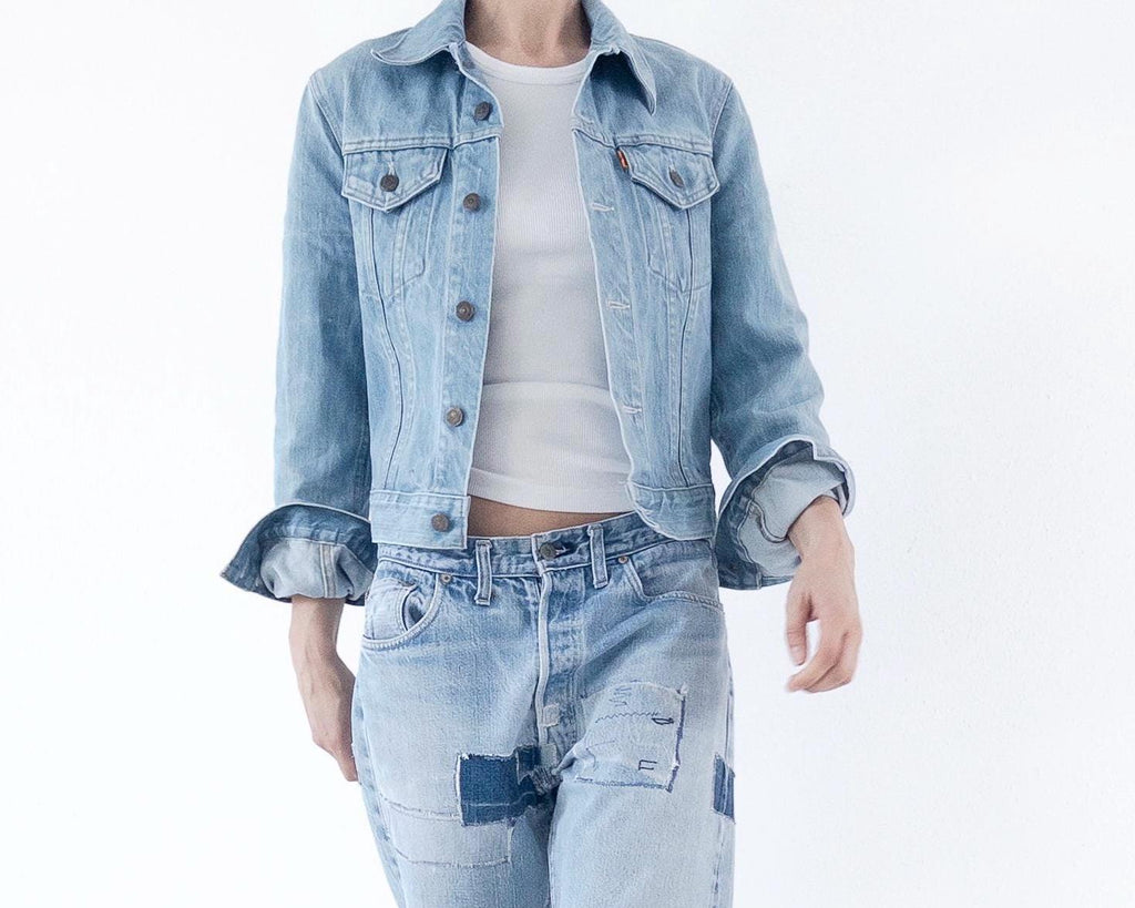 Vintage Levis Orange Tab Jeansjacke 70s 80s | Faded Blue Trucker Jacket Gr S | No Hand Pockets