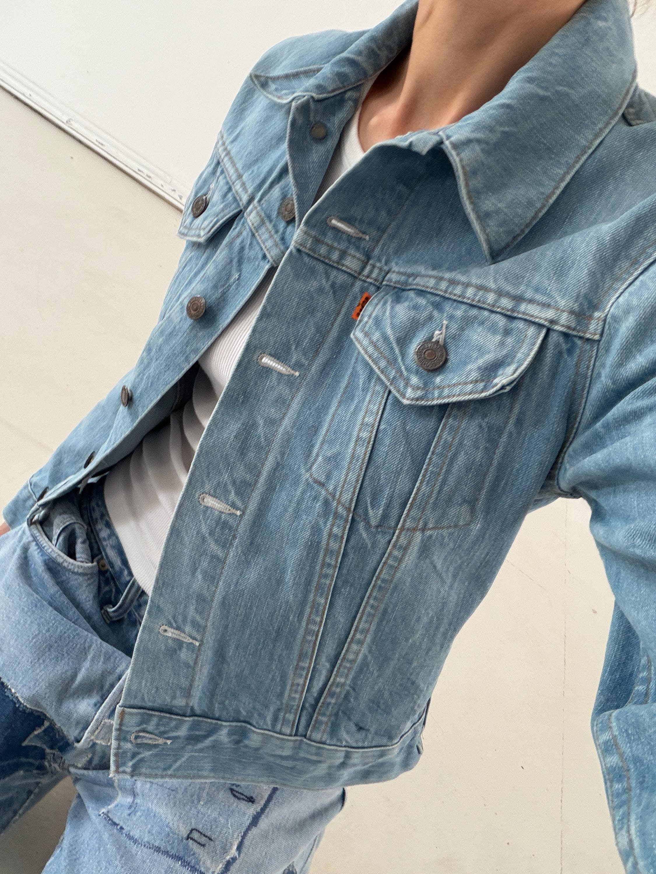 Vintage Levis Orange Tab Jeansjacke 70s 80s | Faded Blue Trucker Jacket Gr S | No Hand Pockets