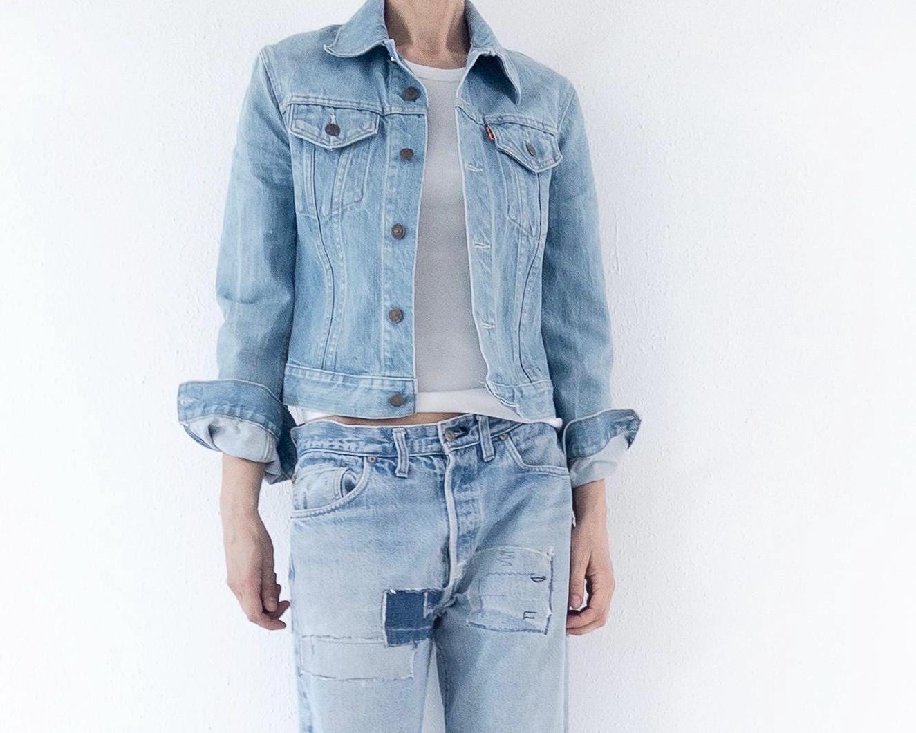 Vintage Levis Orange Tab Jeansjacke 70s 80s | Faded Blue Trucker Jacket Gr S | No Hand Pockets