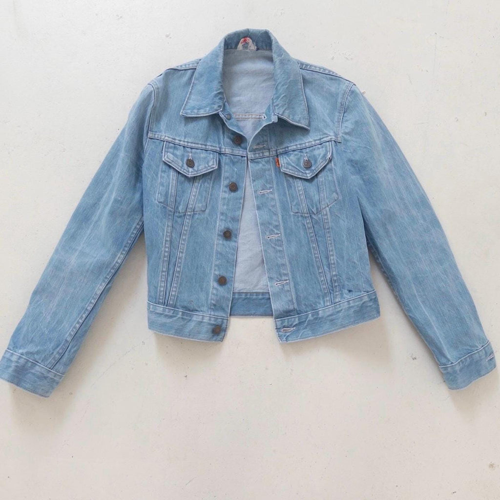 Vintage Levis Orange Tab Jeansjacke 70s 80s | Faded Blue Trucker Jacket Gr S | No Hand Pockets