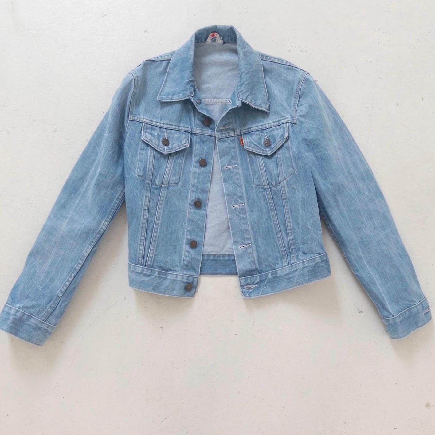 Vintage Levis Orange Tab Jeansjacke 70s 80s | Faded Blue Trucker Jacket Gr S | No Hand Pockets