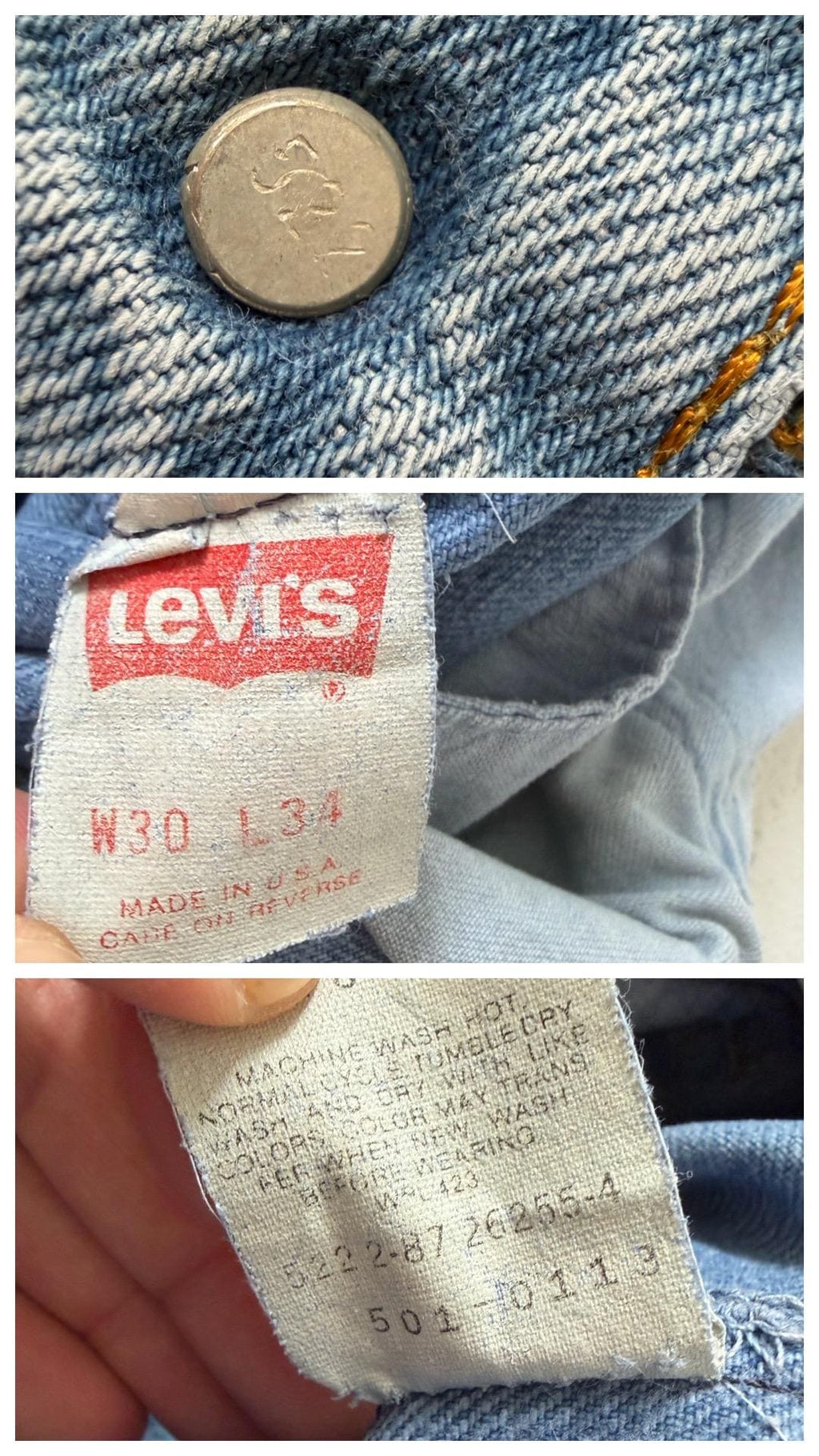 Vintage Levis 501 W28 L35 80s Denim Made in USA Distressed Faded Light Blue Jeans 1987