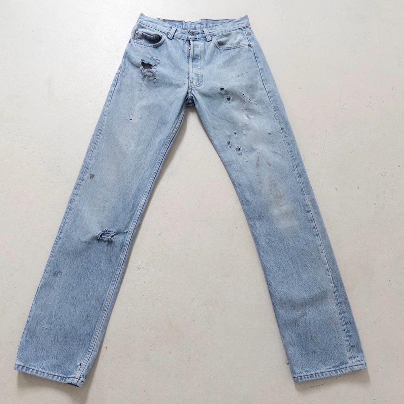 Vintage Levis 501 W28 L35 80s Denim Made in USA Distressed Faded Light Blue Jeans 1987