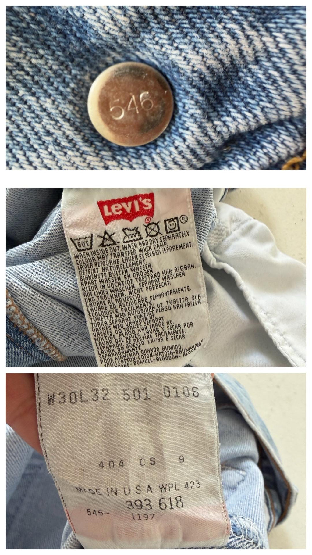 Levis 501 Jeans W28-29 L33 90s Vintage Made in USA Light Blue 501 Denim 1997