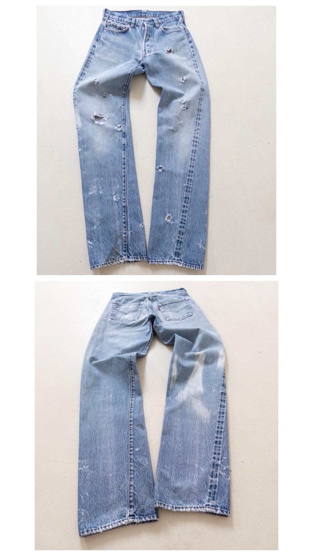 Levis 501 Selvedge Redline Jeans W28-29 L36 80s Vintage Made in USA Distressed Faded Mid Blue Denim 1982