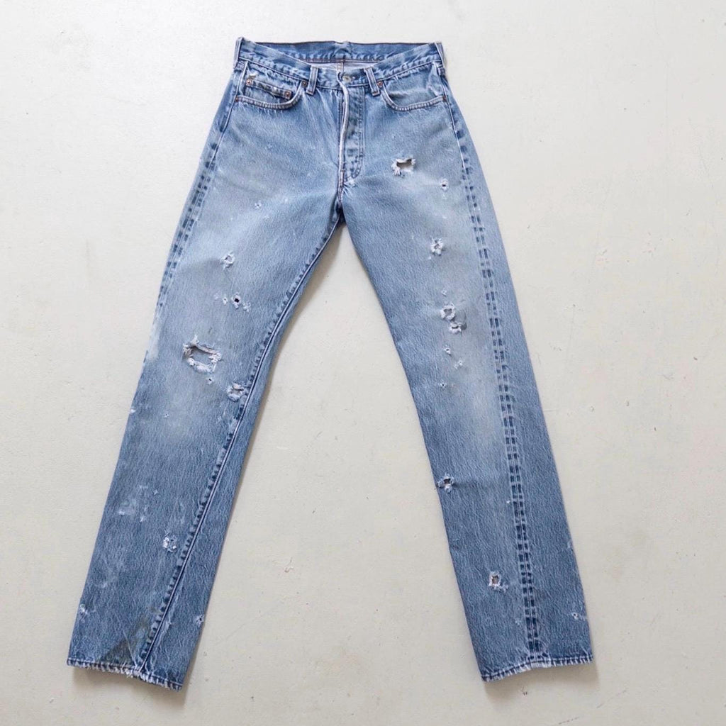 Levis 501 Selvedge Redline Jeans W28-29 L36 80s Vintage Made in USA Distressed Faded Mid Blue Denim 1982