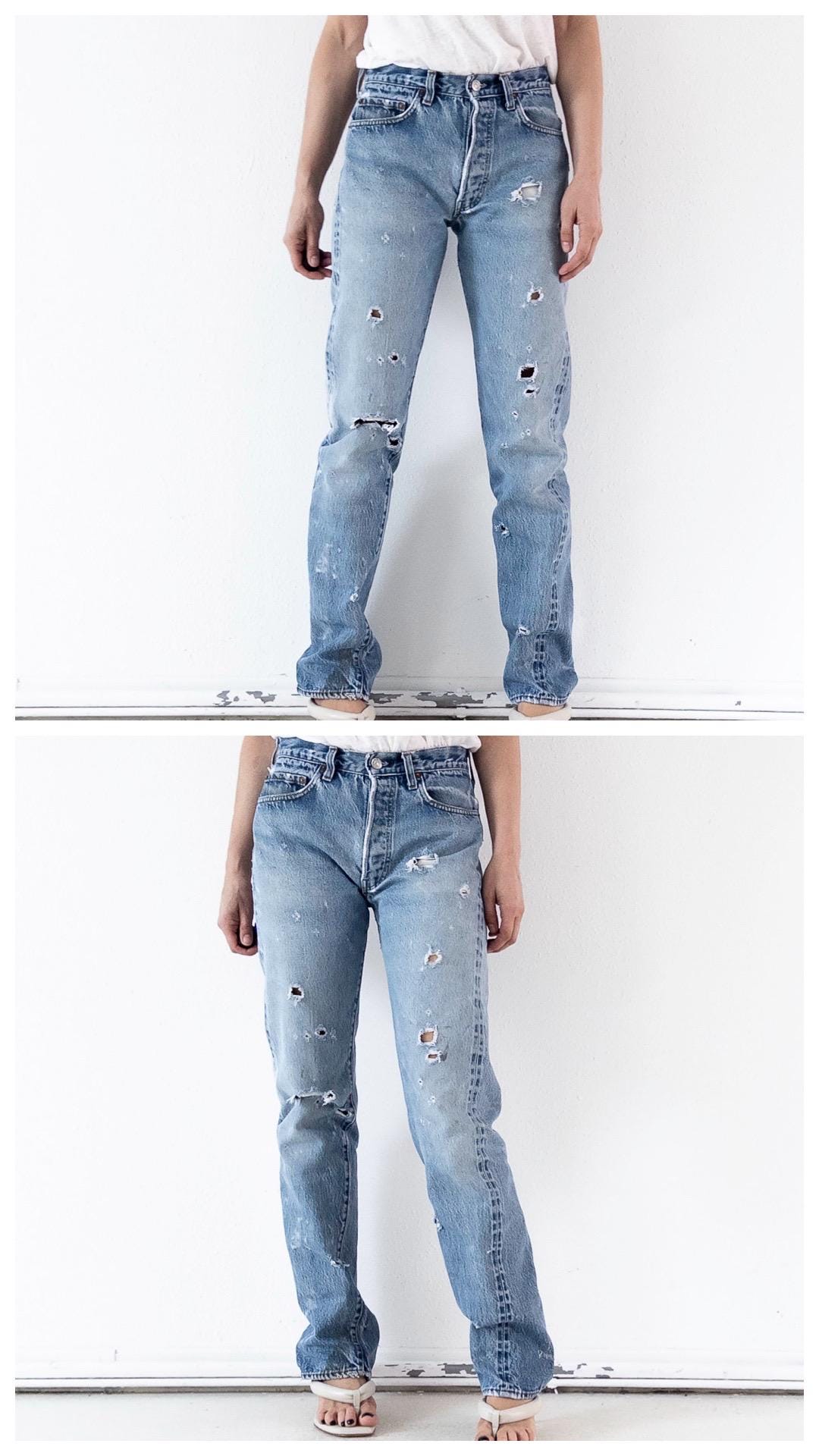 Levis 501 Selvedge Redline Jeans W28-29 L36 80s Vintage Made in USA Distressed Faded Mid Blue Denim 1982