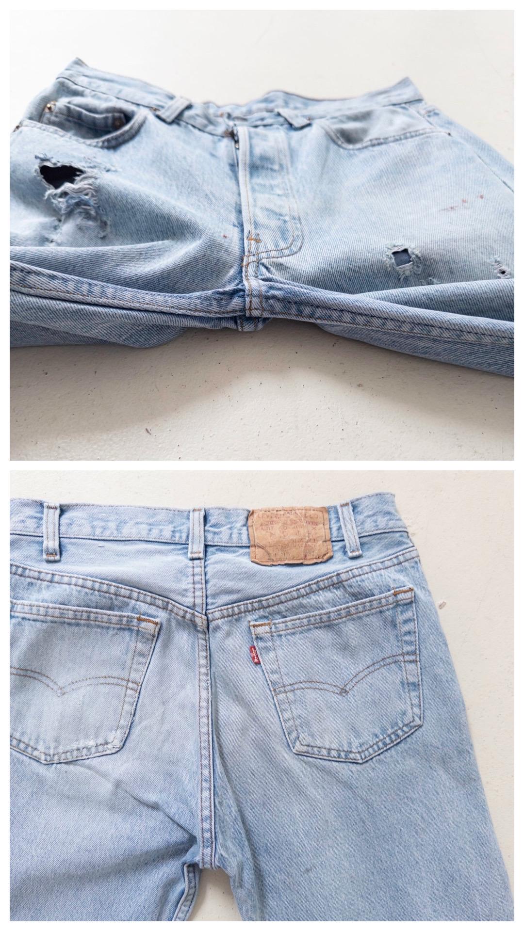 Vintage Levis 501 W28 L35 80s Denim Made in USA Distressed Faded Light Blue Jeans 1987