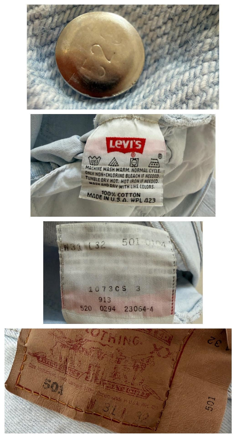 Levis 501 Jeans W28 L32 Made in USA 1994 Light Wash Iceblue Denim 90s Vintage
