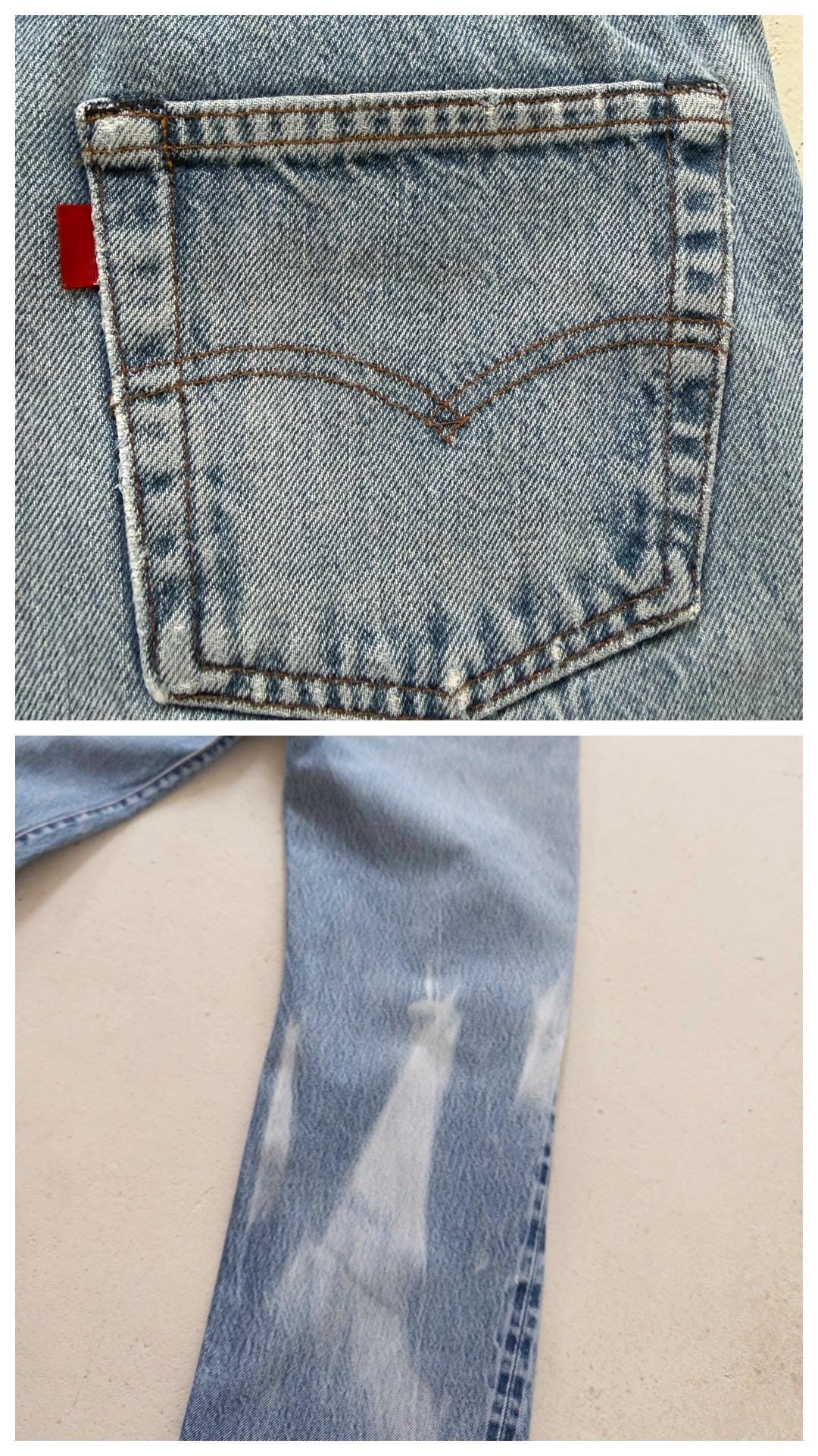 Levis 501 Selvedge Redline Jeans W28-29 L36 80s Vintage Made in USA Distressed Faded Mid Blue Denim 1982