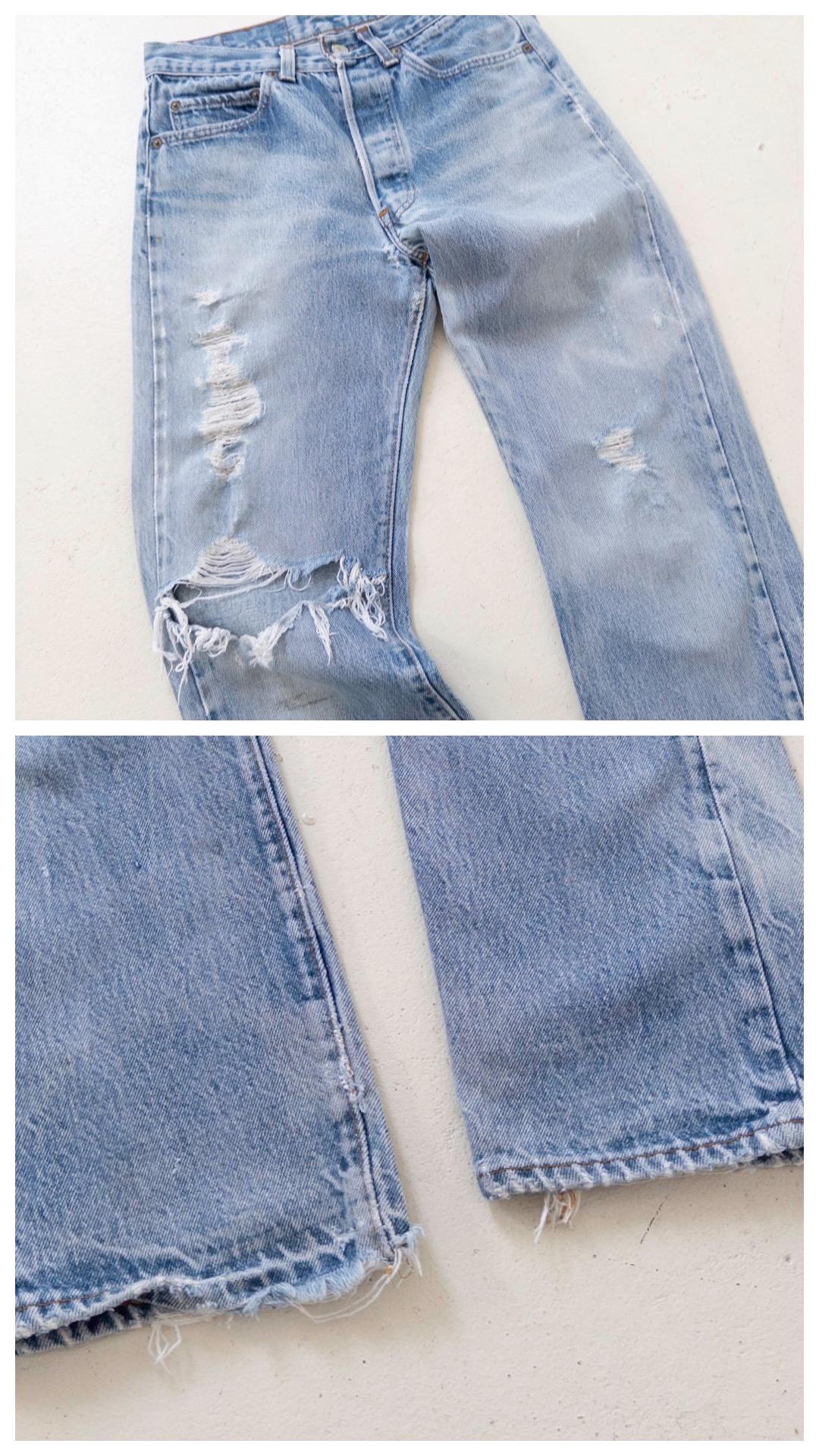 Vintage Levis 501 W26 W27 70s Denim Made in USA Button 8 Distressed Faded Light Wash Jeans