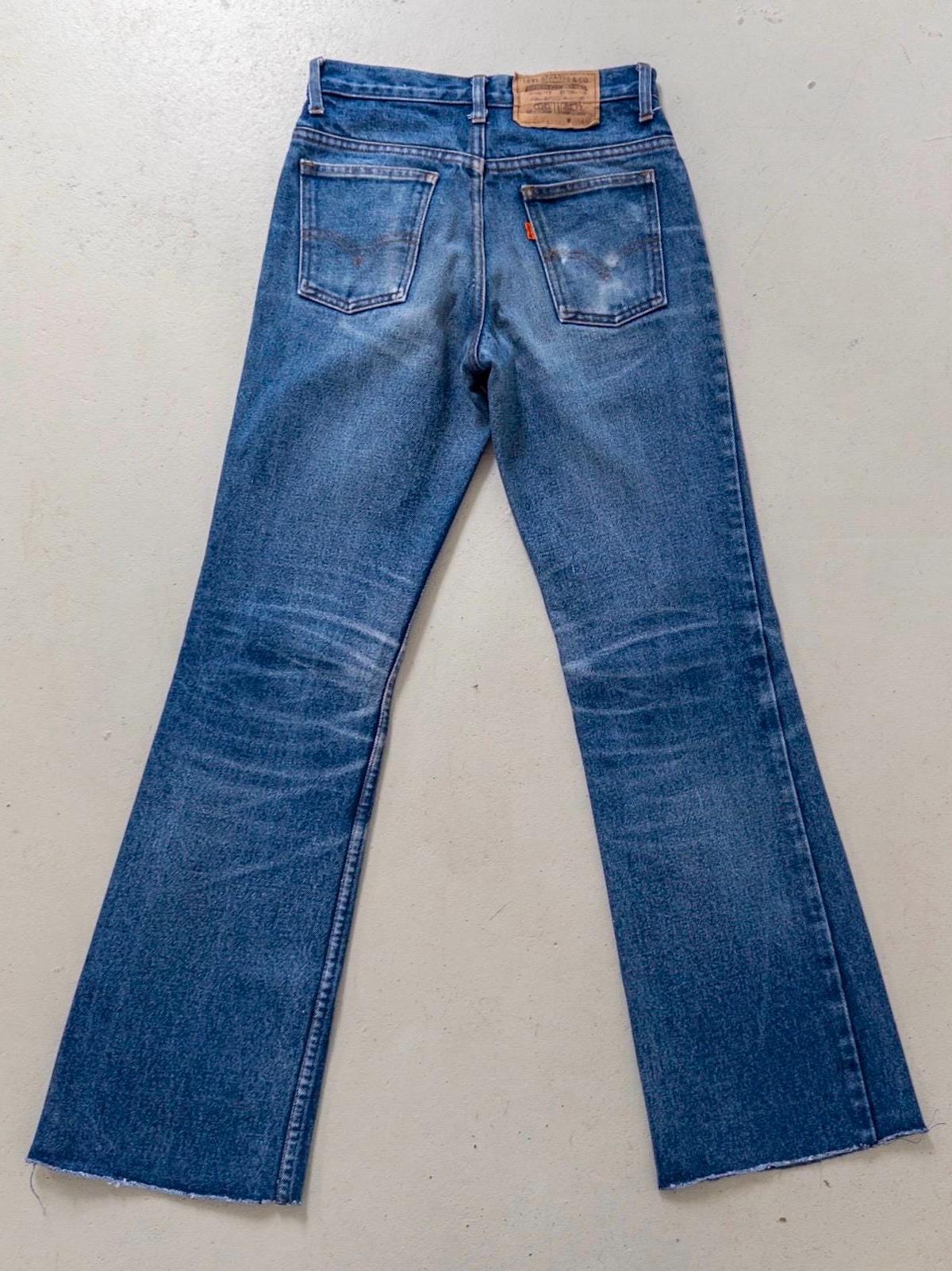 Levis 632 Flared Jeans W24 W25 L30 Made in USA 70s Vintage Faded Dark Blue Bellbottoms