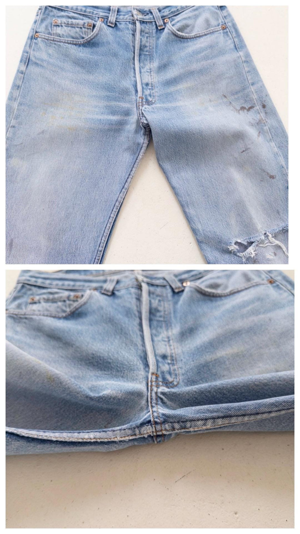 Levis 501 Jeans W30 L32 80s Vintage Made in USA Paint Splattered Thrashed Faded Mid Wash Denim 1987