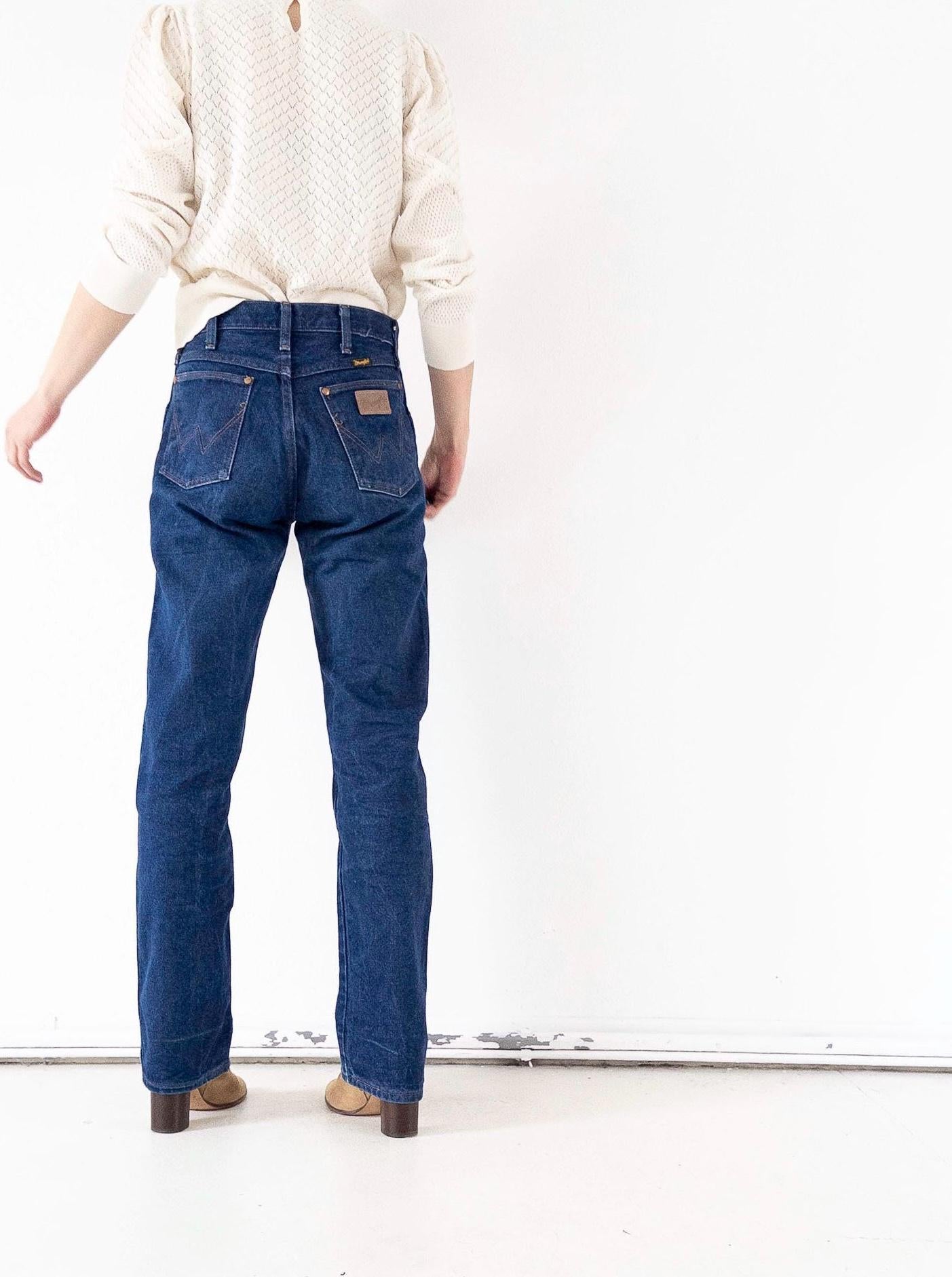 Wrangler Cigarette Jeans W28 W29 L34 80s Vintage Faded Dark Blue Straight Leg Denim Made in USA