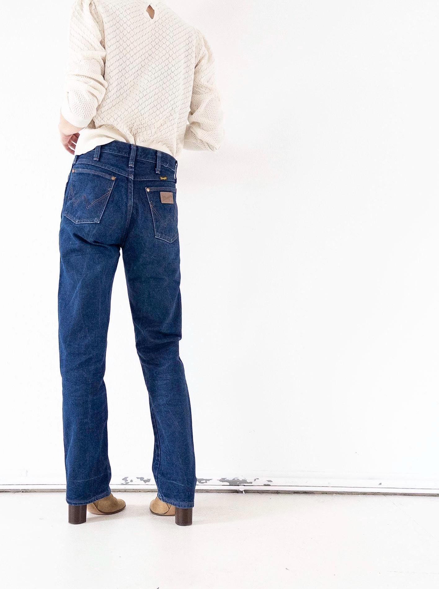 Wrangler Cigarette Jeans W28 W29 L34 80s Vintage Faded Dark Blue Straight Leg Denim Made in USA