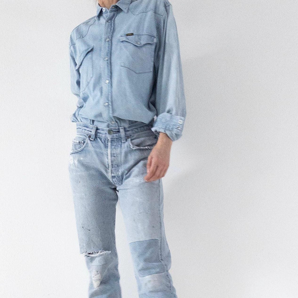 Lee Jeanshemd L 90s Vintage Faded Light Blue Denim Shirt