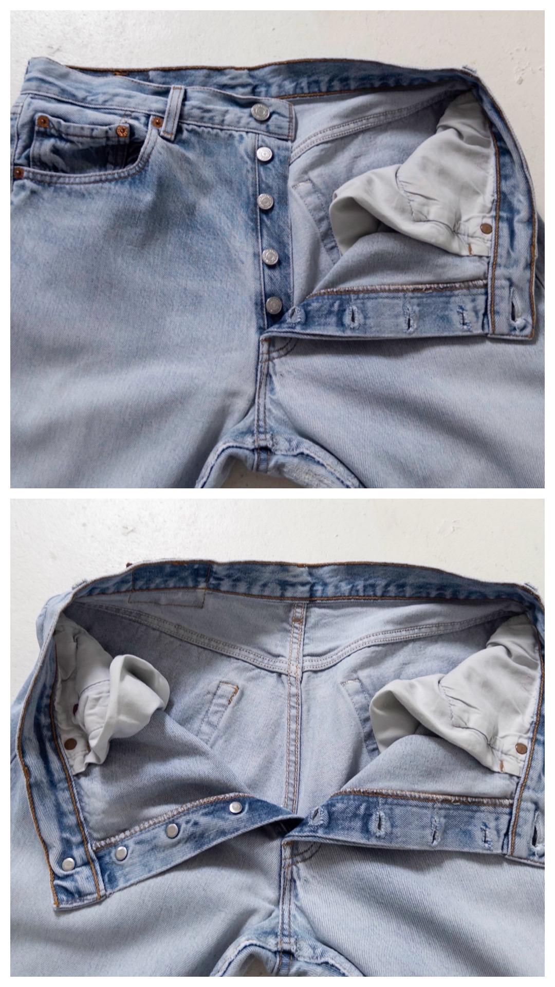 Levis 501 Jeans W32 L32 90s Vintage Made in France Faded Light Blue Distressed Denim 1996
