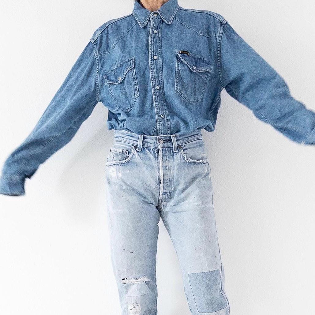 Wrangler Jeanshemd L 90s Vintage Mid Blue Oversized Denim Shirt