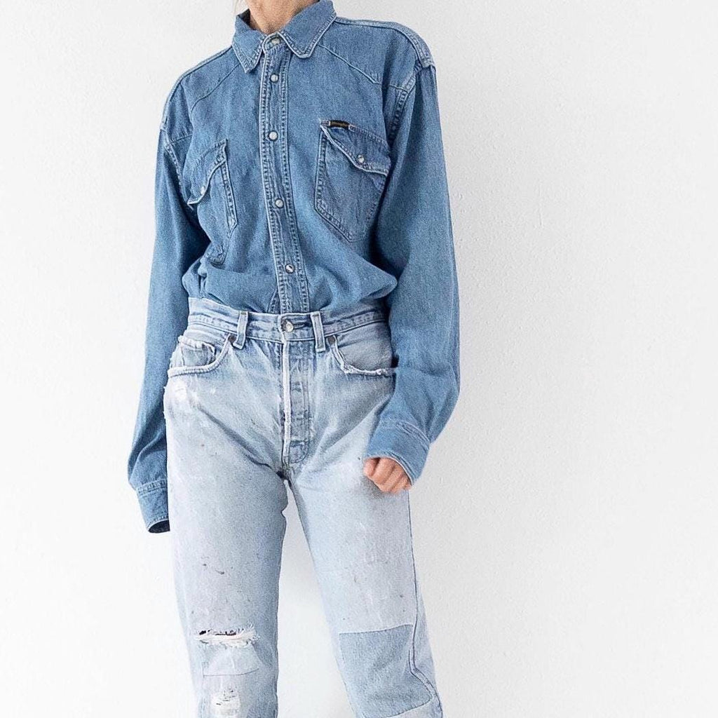 Wrangler Jeanshemd L 90s Vintage Mid Blue Oversized Denim Shirt