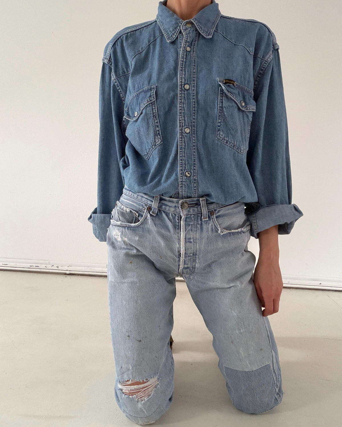 Wrangler Jeanshemd L 90s Vintage Mid Blue Oversized Denim Shirt