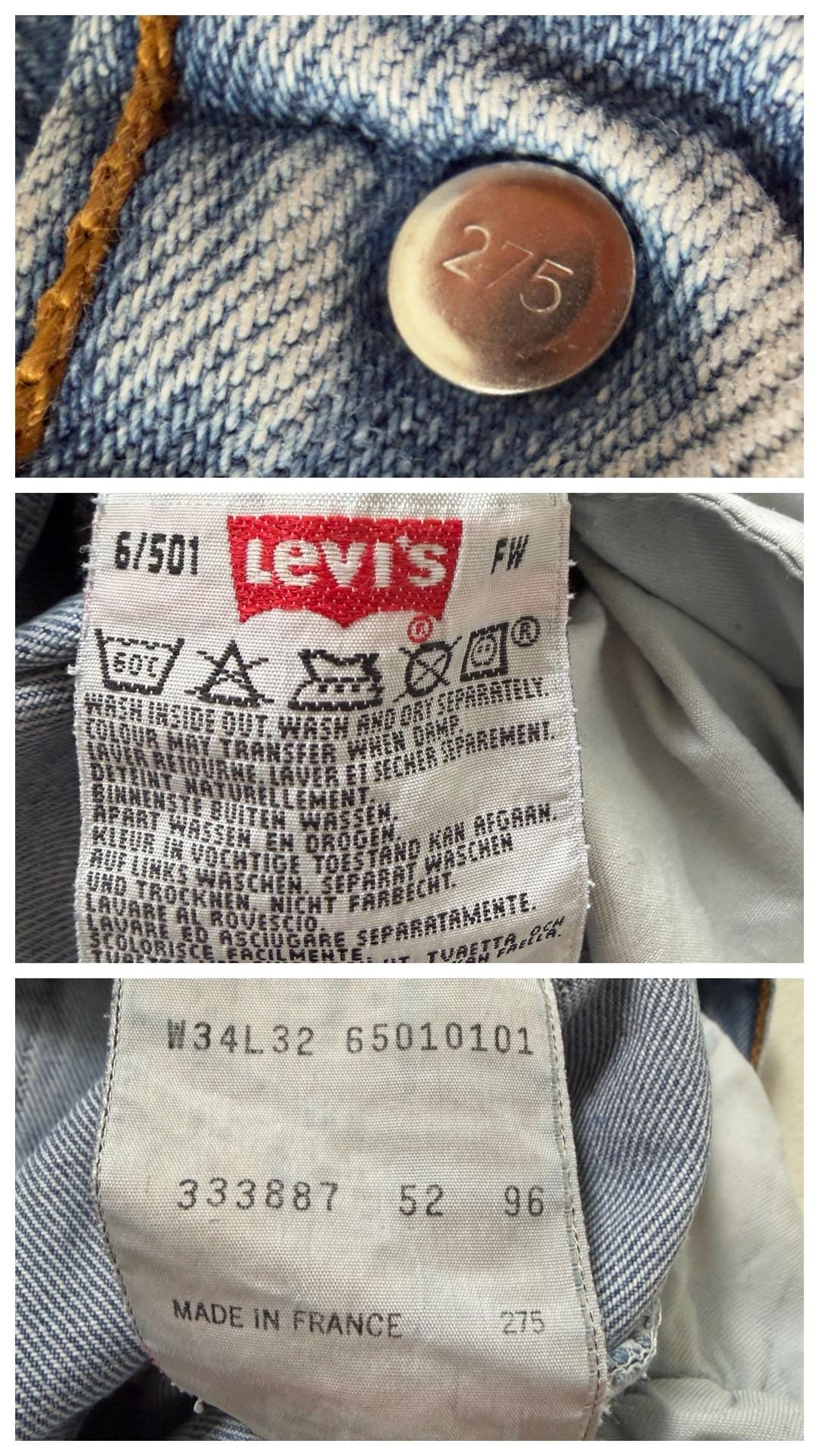 Levis 501 Jeans W32 L32 90s Vintage Made in France Faded Light Blue Distressed Denim 1996