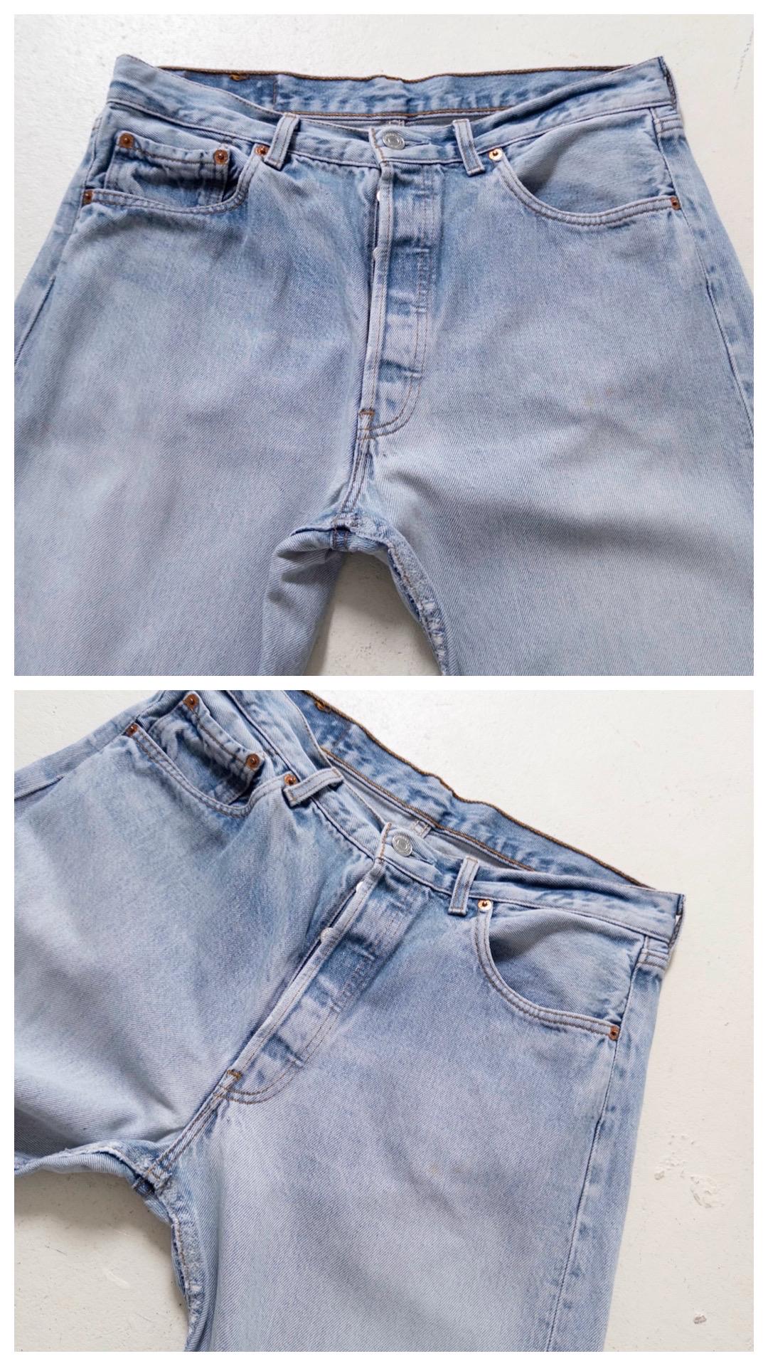 Levis 501 Jeans W32 L32 90s Vintage Made in France Faded Light Blue Distressed Denim 1996
