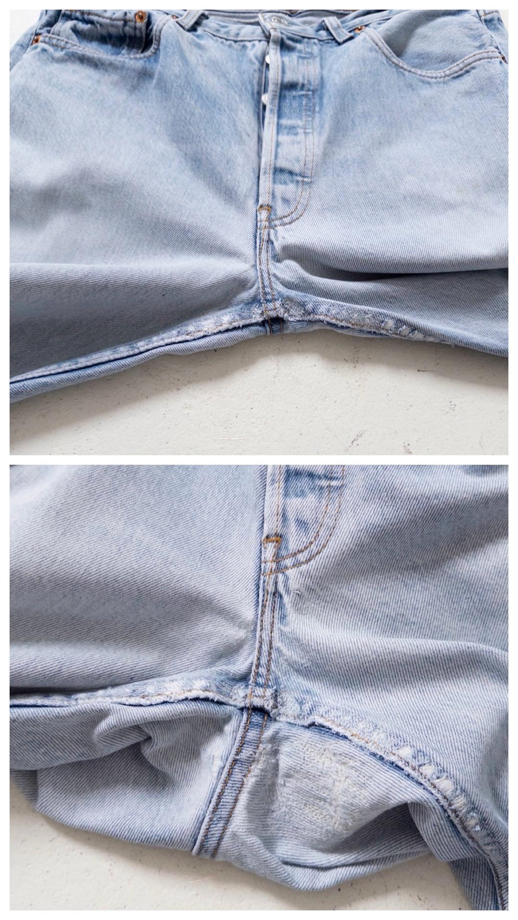 Levis 501 Jeans W32 L32 90s Vintage Made in France Faded Light Blue Distressed Denim 1996