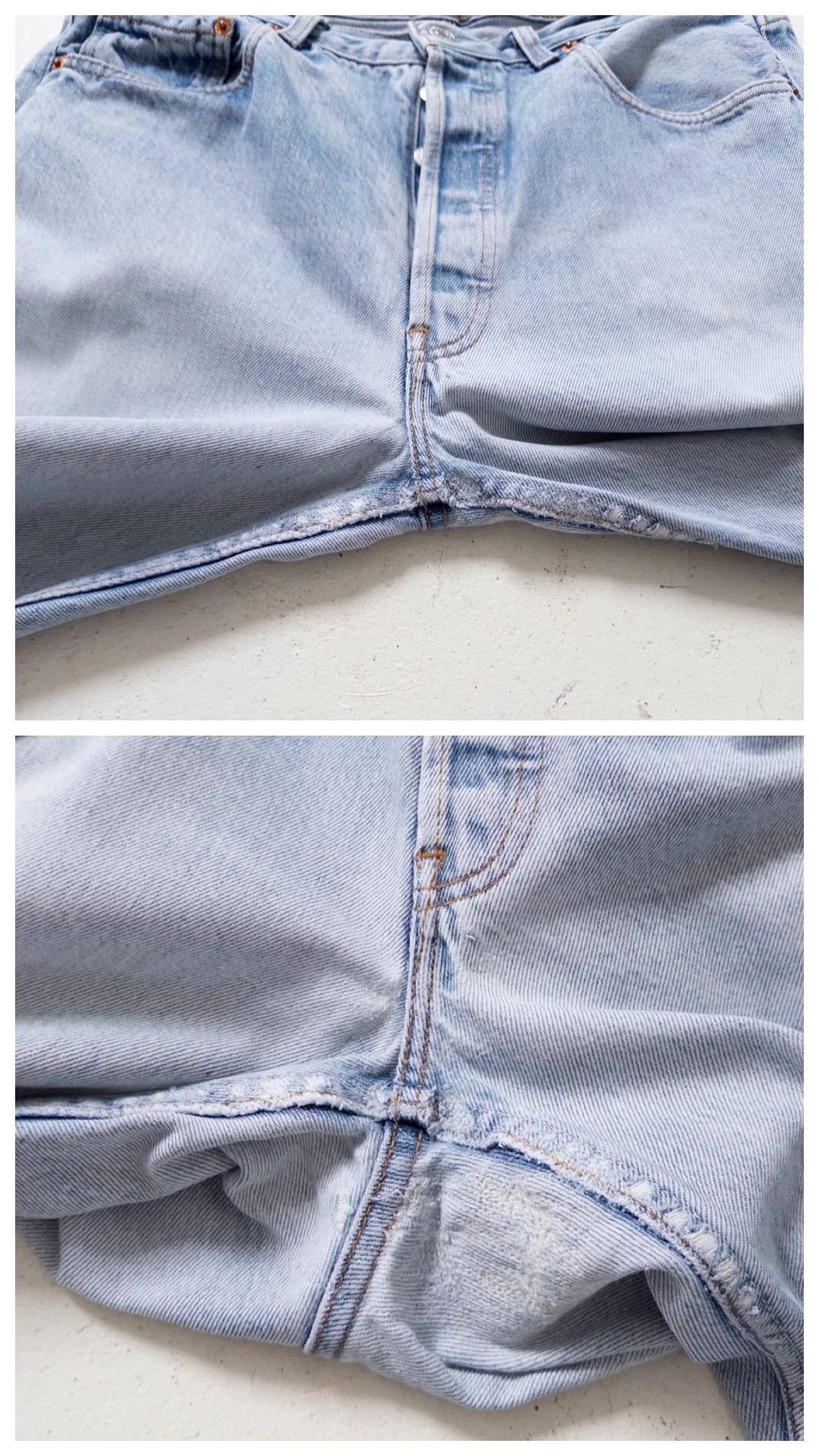 Levis 501 Jeans W32 L32 90s Vintage Made in France Faded Light Blue Distressed Denim 1996