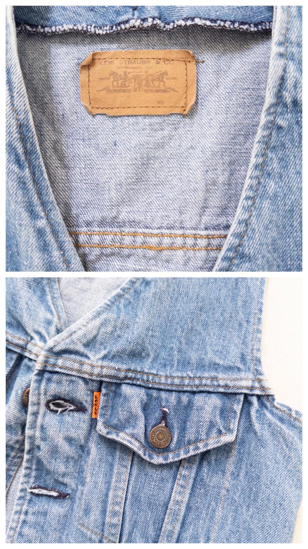 Levis Jeansweste S 70s Vintage Made in USA Faded Mid to Light Blue Orange Tab 1976