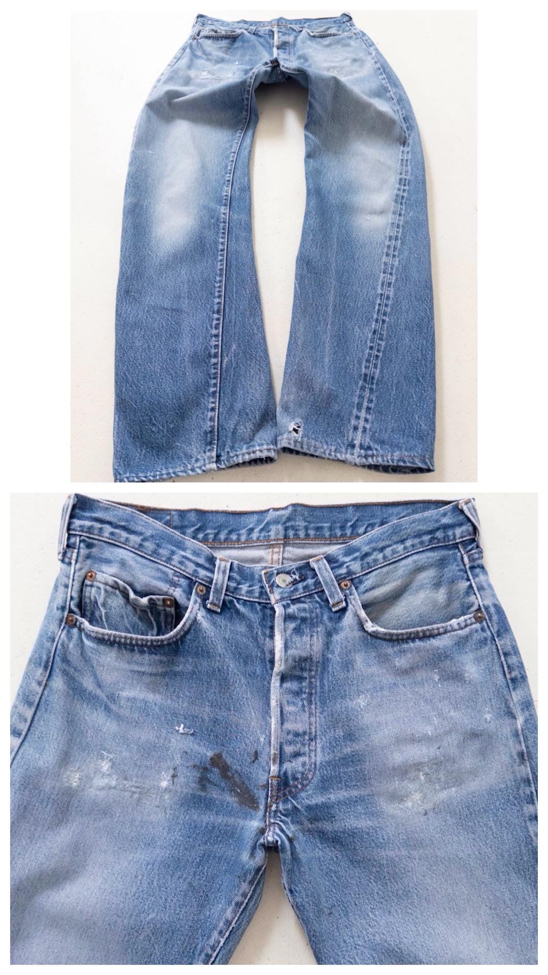 Vintage Levis 501 Selvedge Redline W29-30 L33 80s Vintage faded Dark to Mid Blue Denim Distressed Paint Splattered Made in USA 1983