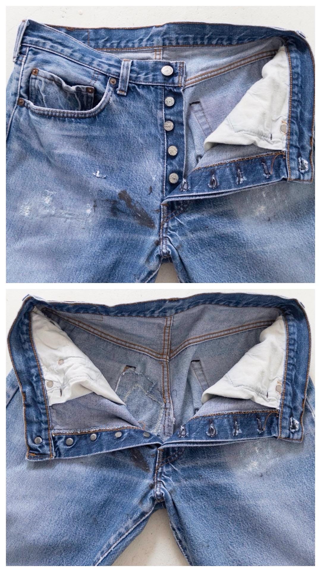 Vintage Levis 501 Selvedge Redline W29-30 L33 80s Vintage faded Dark to Mid Blue Denim Distressed Paint Splattered Made in USA 1983
