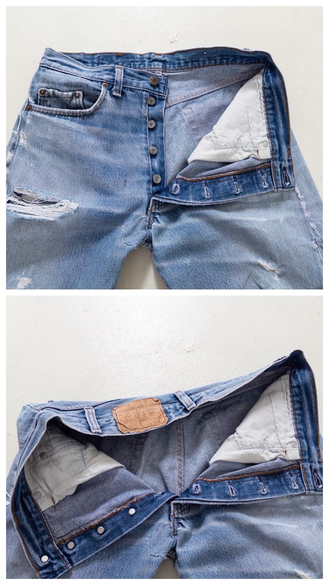 Levis 501 Jeans W31 L33 80s Vintage Made in USA Faded Mid Blue Distressed Denim 1983