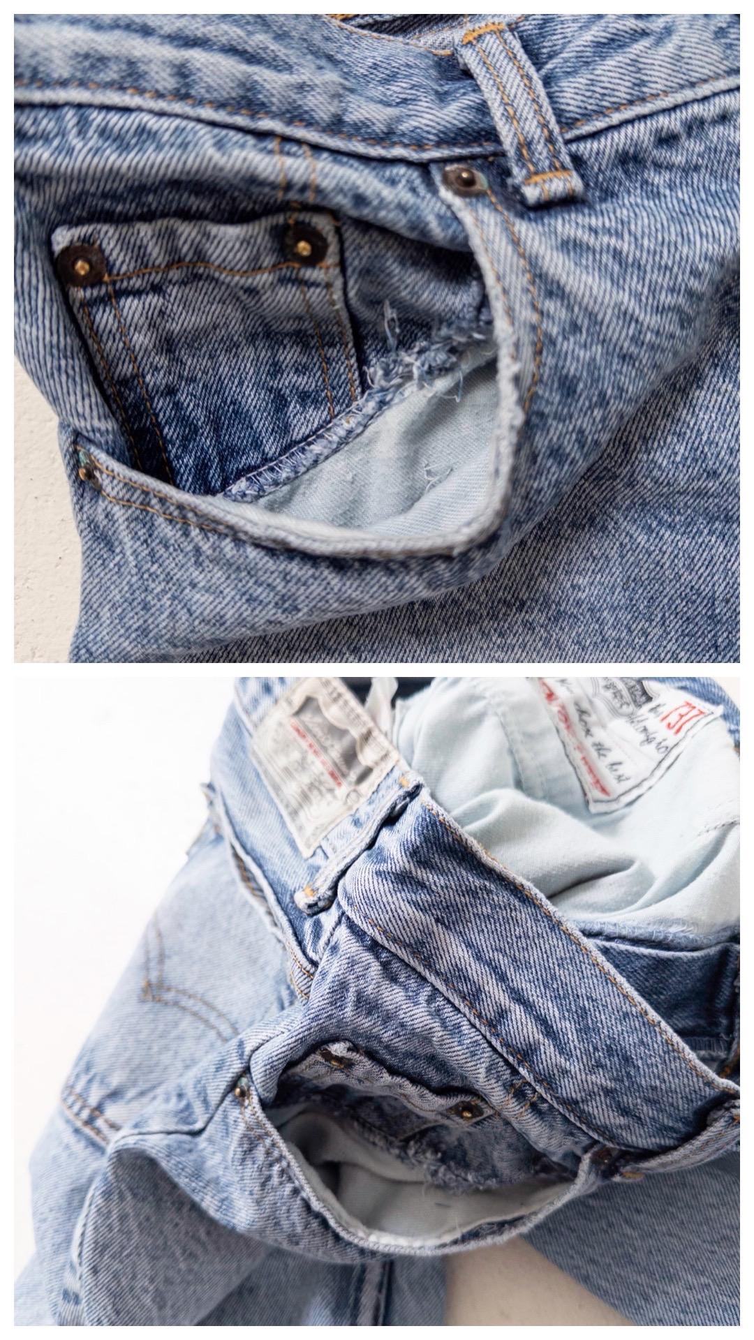Levis 737 High Waist Slim Jeans W27/28 L33 80s Vintage Faded Mid Blue Paint Splattered Denim 1984 Silver Tab Made in Belgium