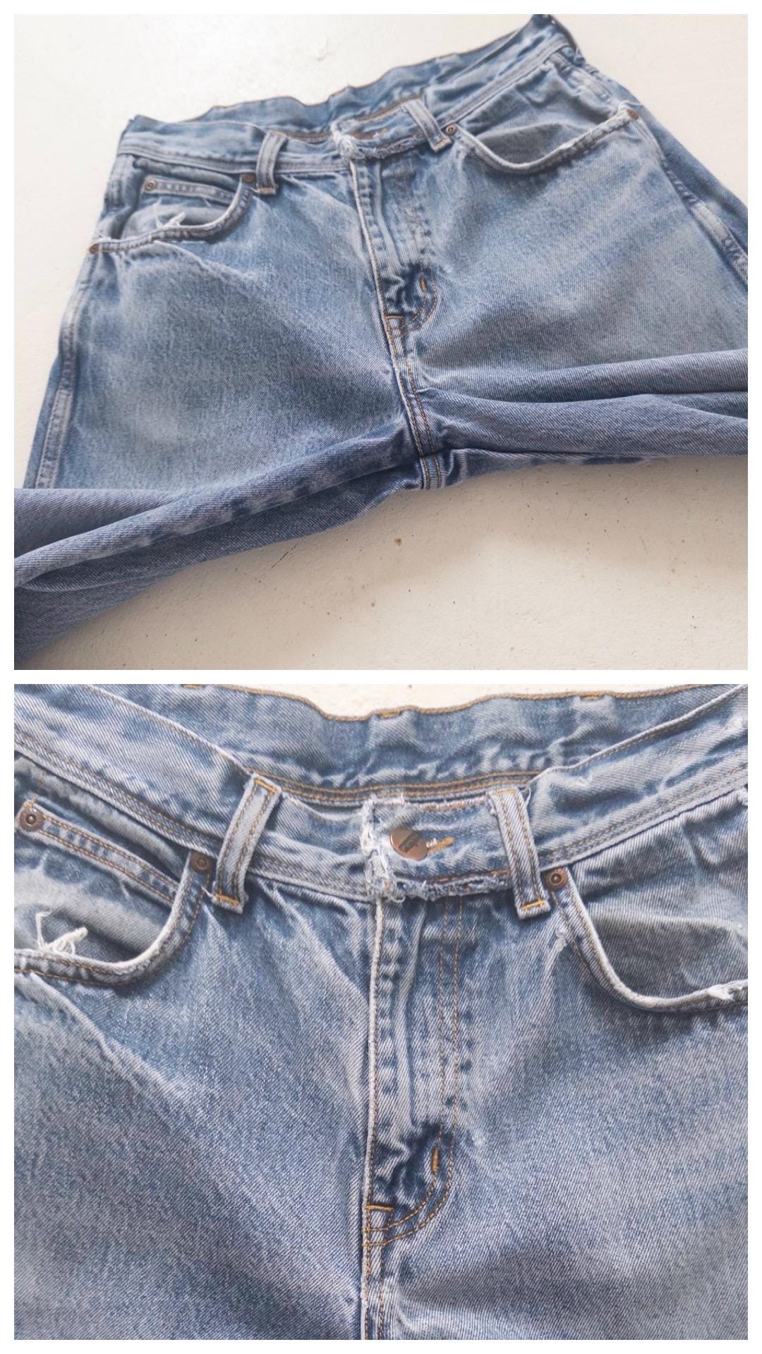 Wrangler Slim Jeans W27 L30 90s Vintage Distressed Faded Light to Mid Blue Straight Leg Denim