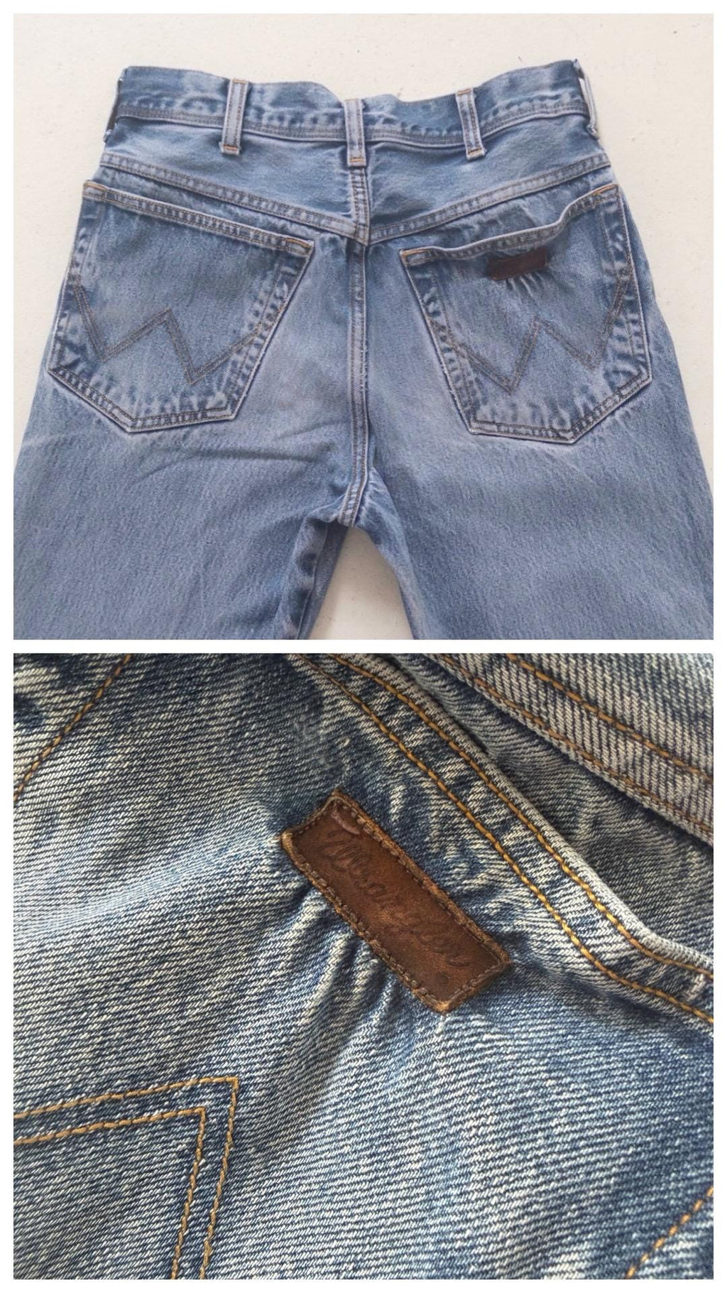 Wrangler Slim Jeans W27 L30 90s Vintage Distressed Faded Light to Mid Blue Straight Leg Denim