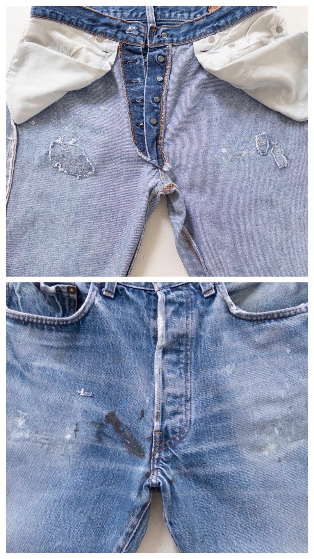 Vintage Levis 501 Selvedge Redline W29-30 L33 80s Vintage faded Dark to Mid Blue Denim Distressed Paint Splattered Made in USA 1983