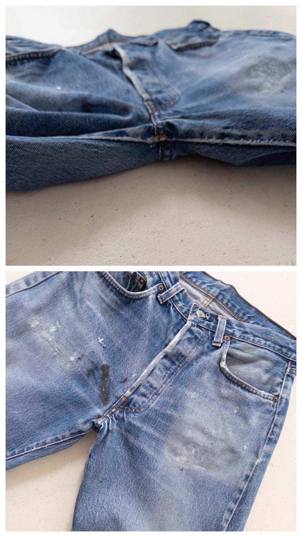 Vintage Levis 501 Selvedge Redline W29-30 L33 80s Vintage faded Dark to Mid Blue Denim Distressed Paint Splattered Made in USA 1983