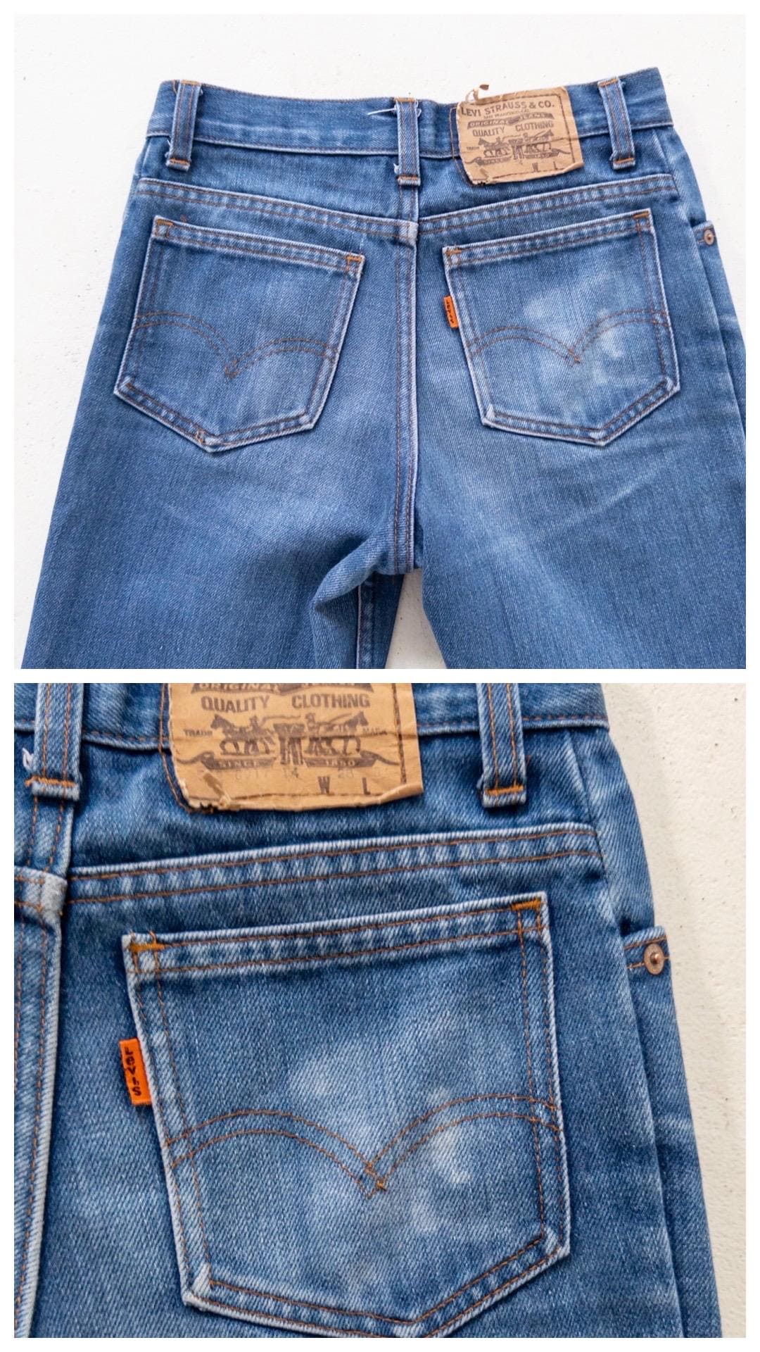 Levis 732 Flared Jeans W24 L29 Made in UK 70s Vintage Faded Dark Blue Bellbottoms