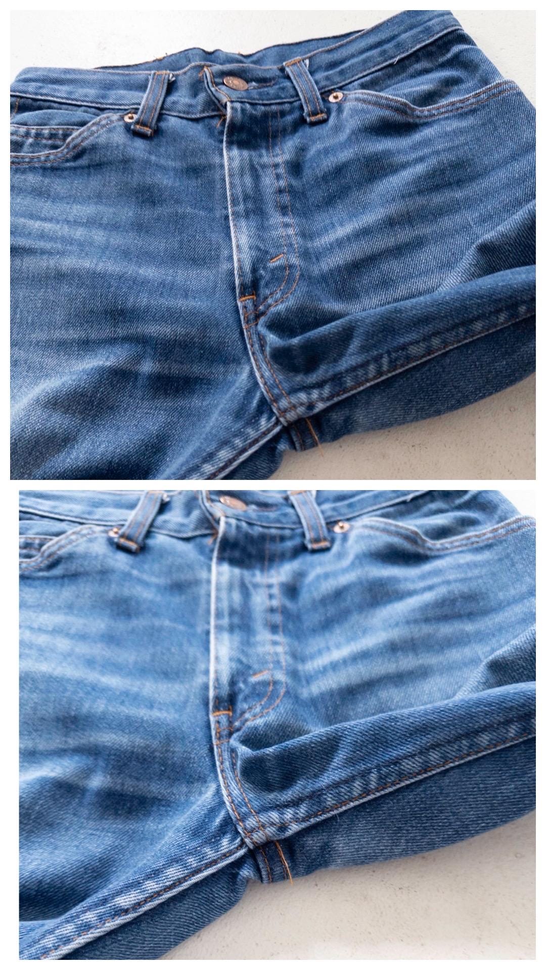 Levis 732 Flared Jeans W24 L29 Made in UK 70s Vintage Faded Dark Blue Bellbottoms