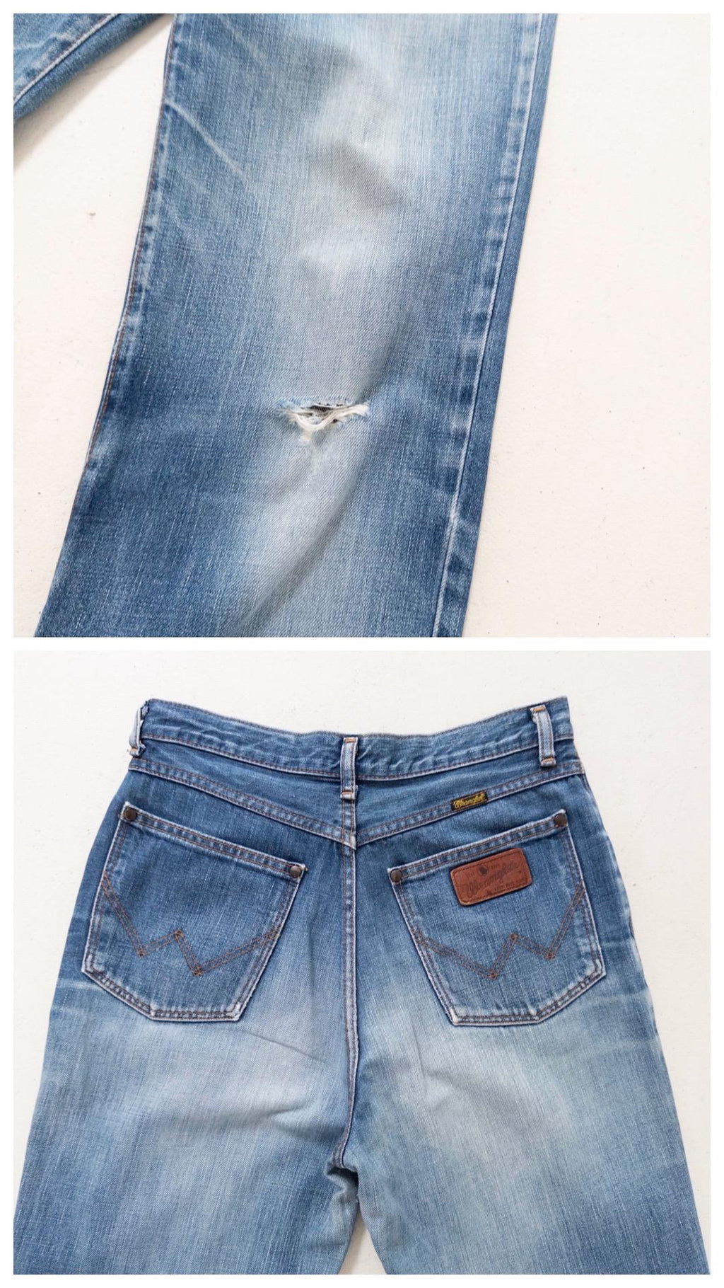 Lady Wrangler W28 L33 Faded Mid Blue Soft Worn Denim High Waist Straight Wide Leg Loose Fit Denim 1981