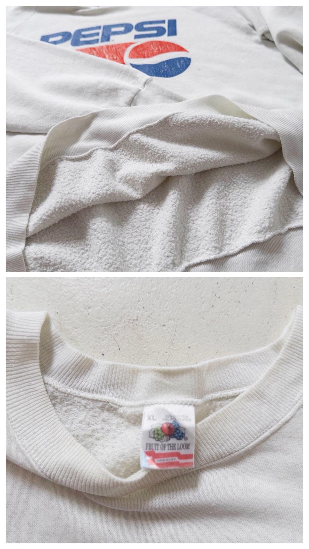 Fruit of the Loom Sweater L Pepsi Thrashed White Oversized Crewneck 80s Vintage Made in USA