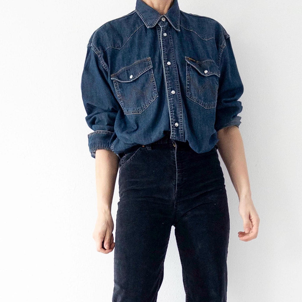 Wrangler Jeanshemd L 90s Vintage Faded Dark Blue Blue Oversized Denim Shirt