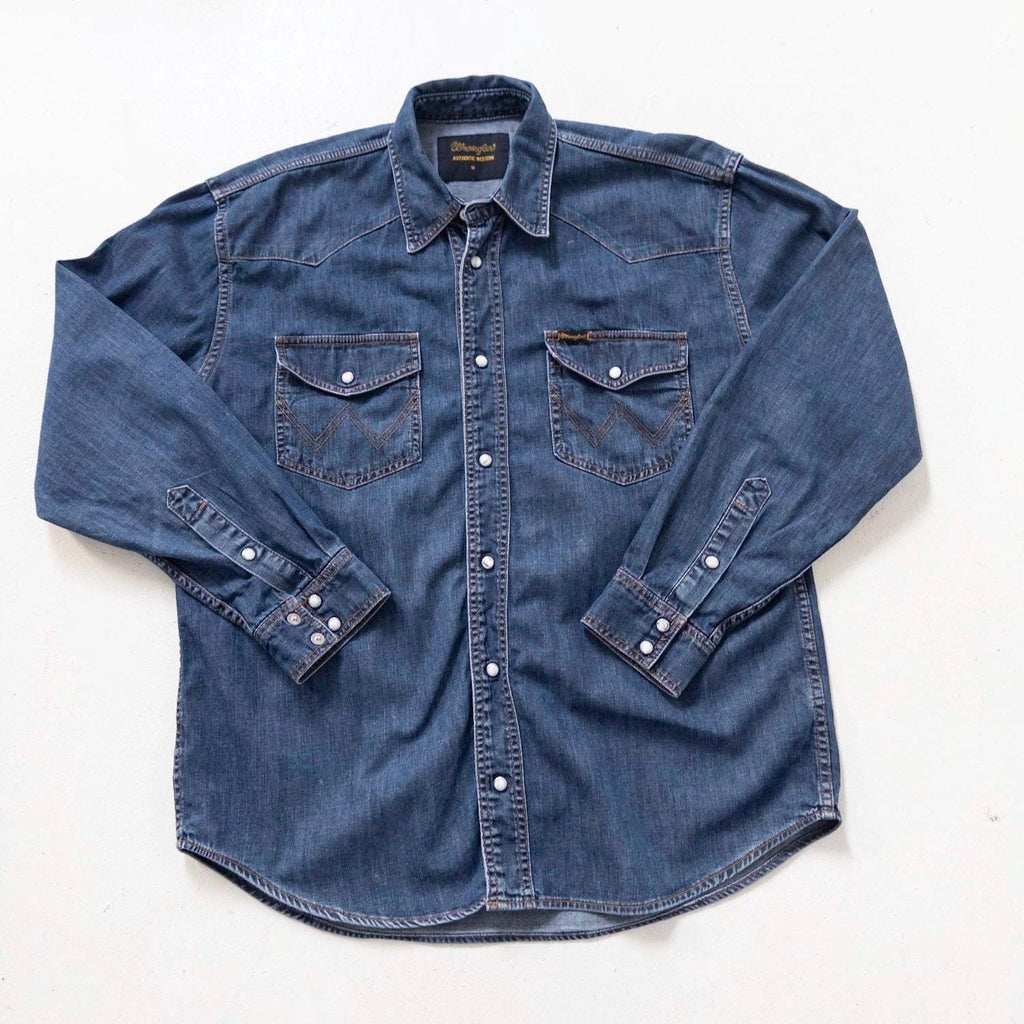Wrangler Jeanshemd L 90s Vintage Faded Dark Blue Blue Oversized Denim Shirt